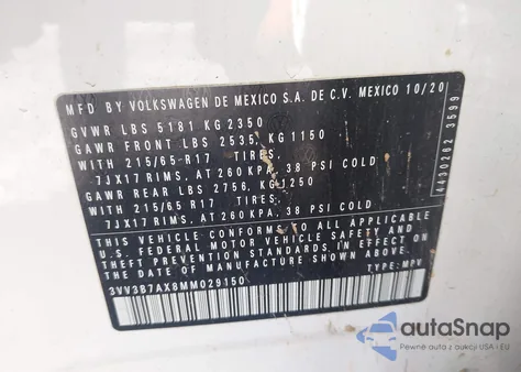 2021 Volkswagen Tiguan 2.0T Se/2.0T Se R-Line Black/2.0T Sel from USA, damaged, VIN 3VV3B7AX8MM029150